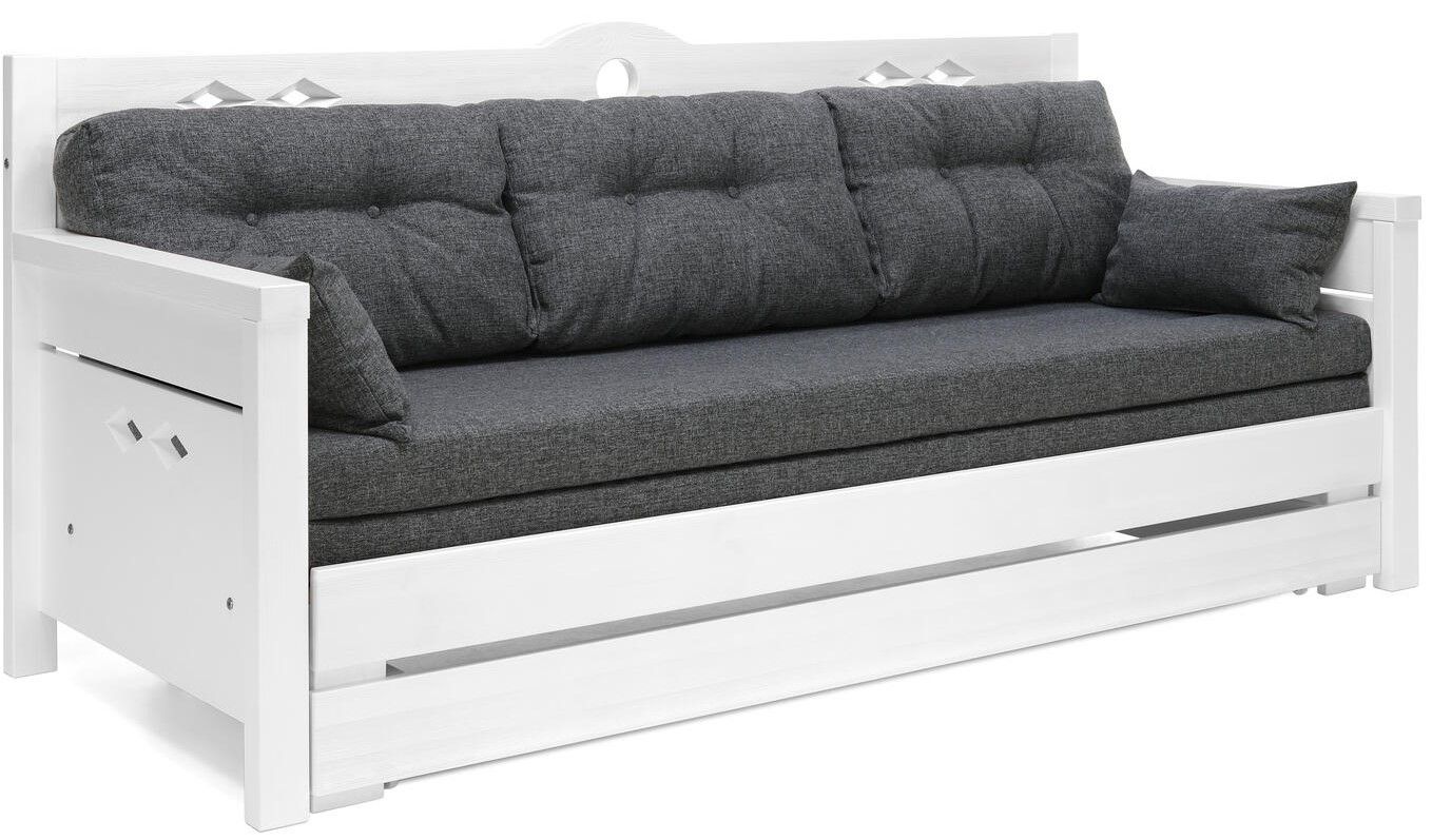Konsta puinen laverisohva valkoinen, jossa on harmaat patjat