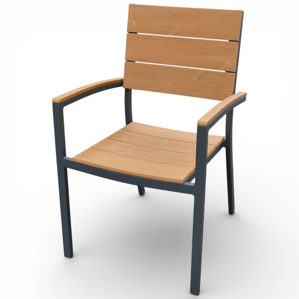 Krabi terassituoli harmaalla rungolla ja puunvärisellä istuimella ja selkänojalla