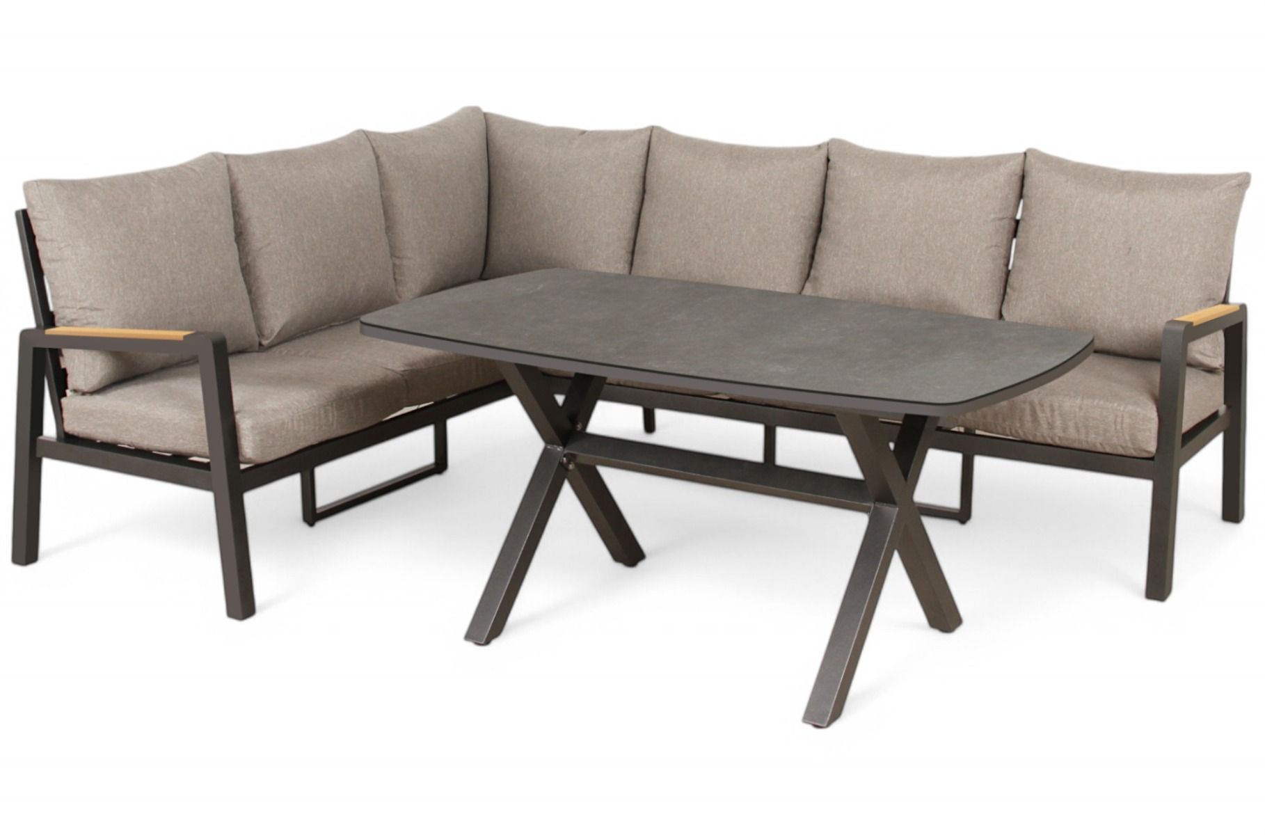 Kustavi kulmasohvasetti ulkokäyttöön harmaa korkealla pöydällä