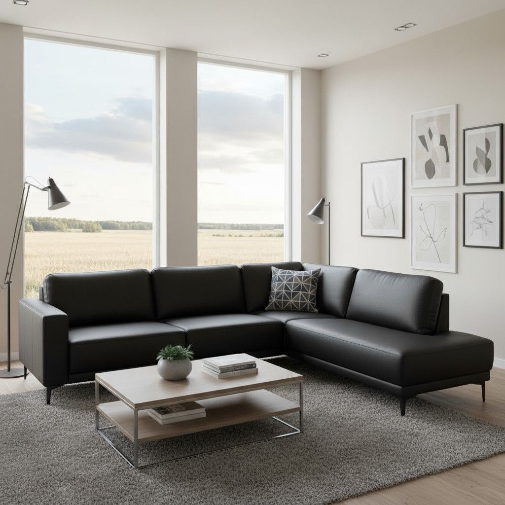Musta nahkainen avokulmasohva kuvattu olohuoneessa
