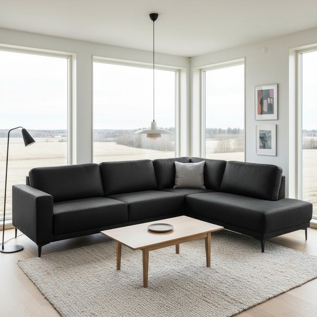 Musta avokulmasohva yacht verhoilulla kuvattuna tyylikkäässä olohuoneessa