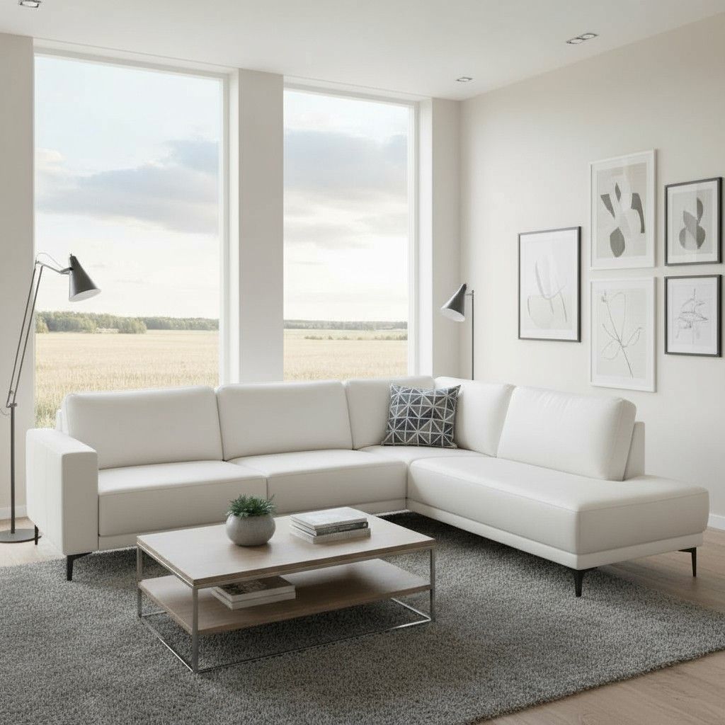 Valkoinen nahka kulmasohva kuvattu olohuoneessa, sohvassa valkoinen nahkaverhoilu
