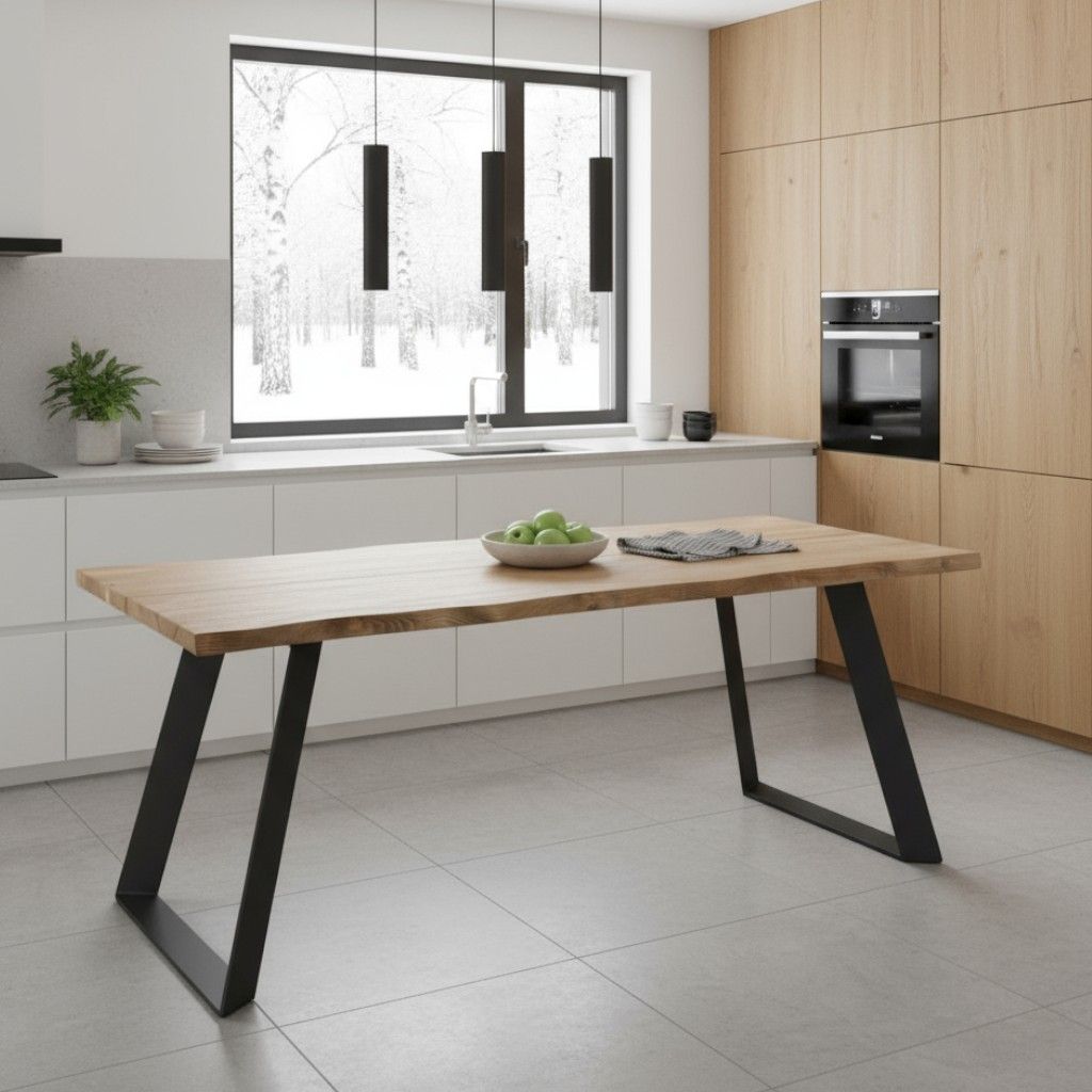 Lana ruokapöytä metallijaloilla kuvattu ruokailutilassa