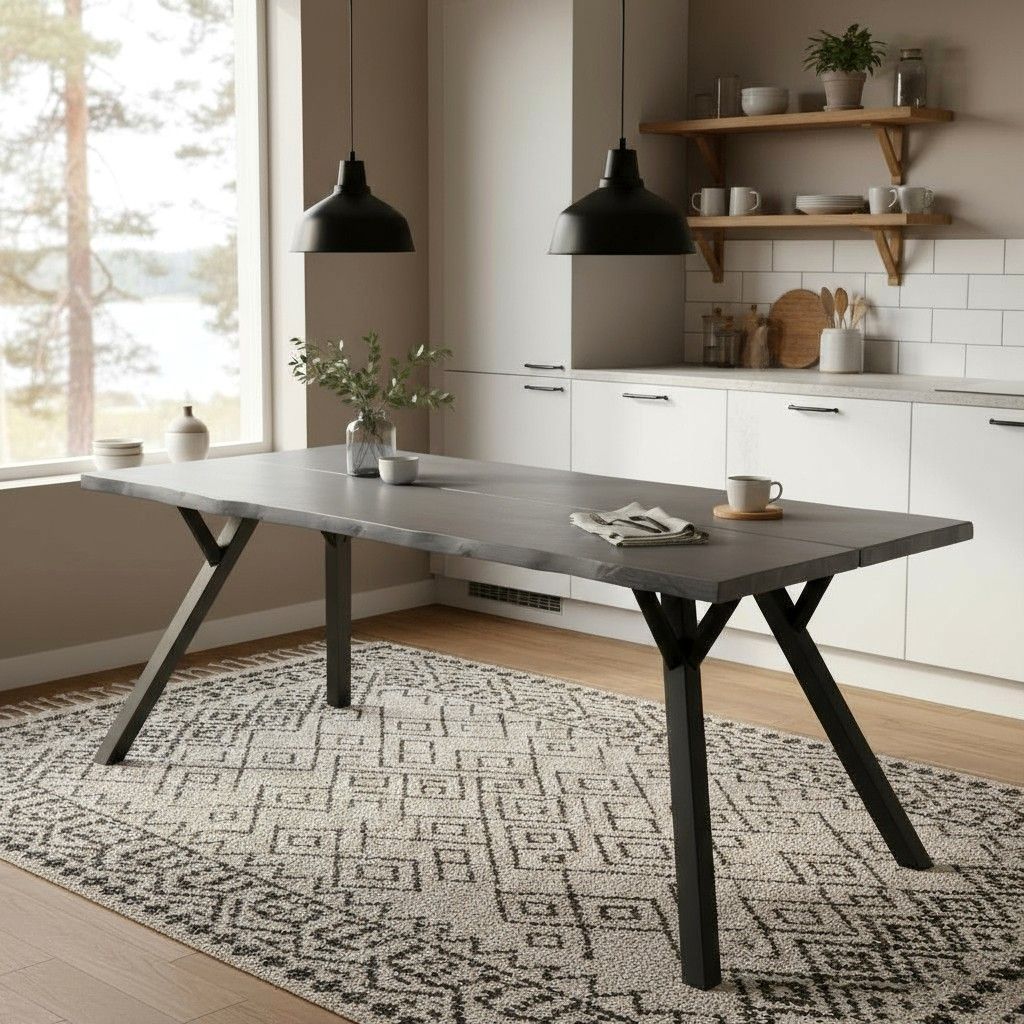 Lana pöytä harmaalla kannella ja mustilla jaloilla