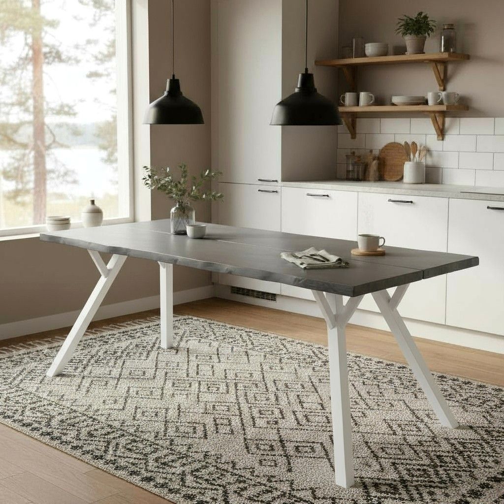 Lana pöytä harmaalla kannella ja valkoisilla jaloilla