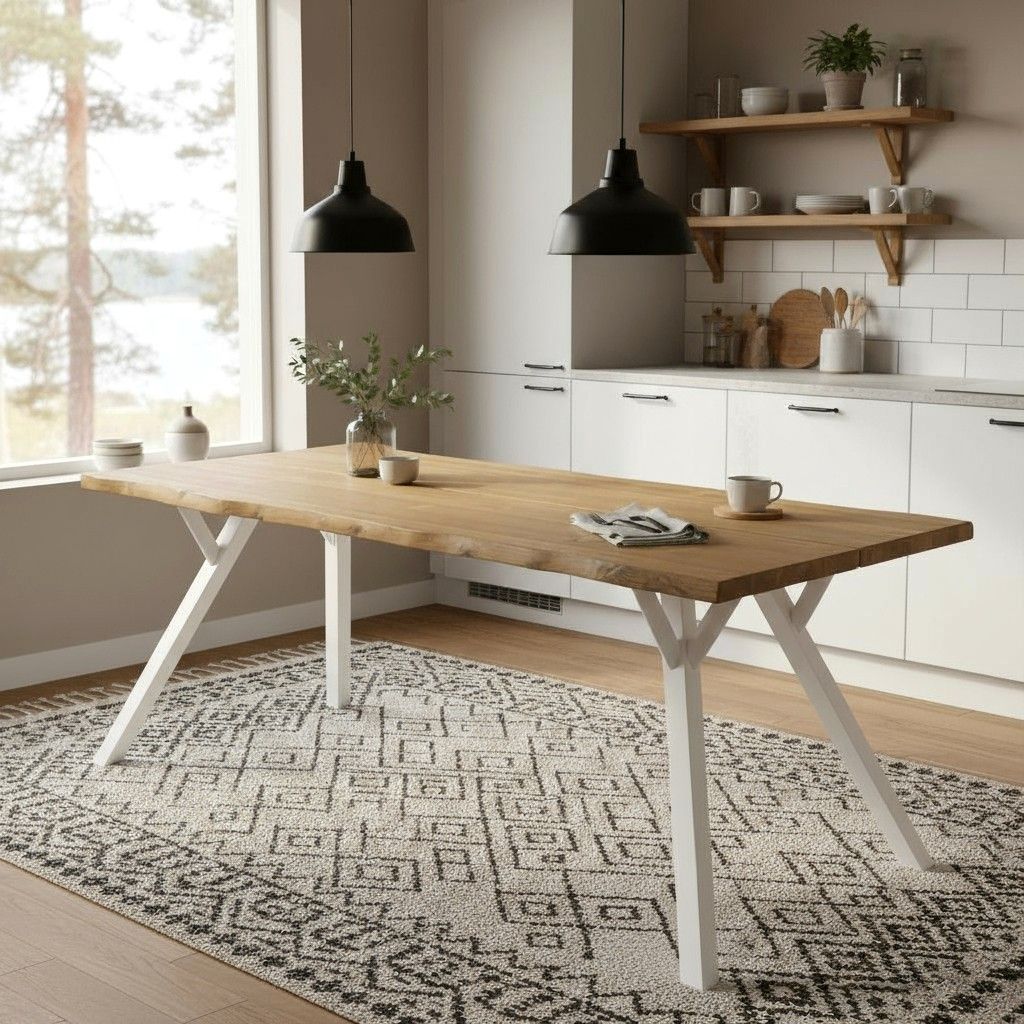 Lana pöytä ruskealla kannella ja valkoisilla jaloilla