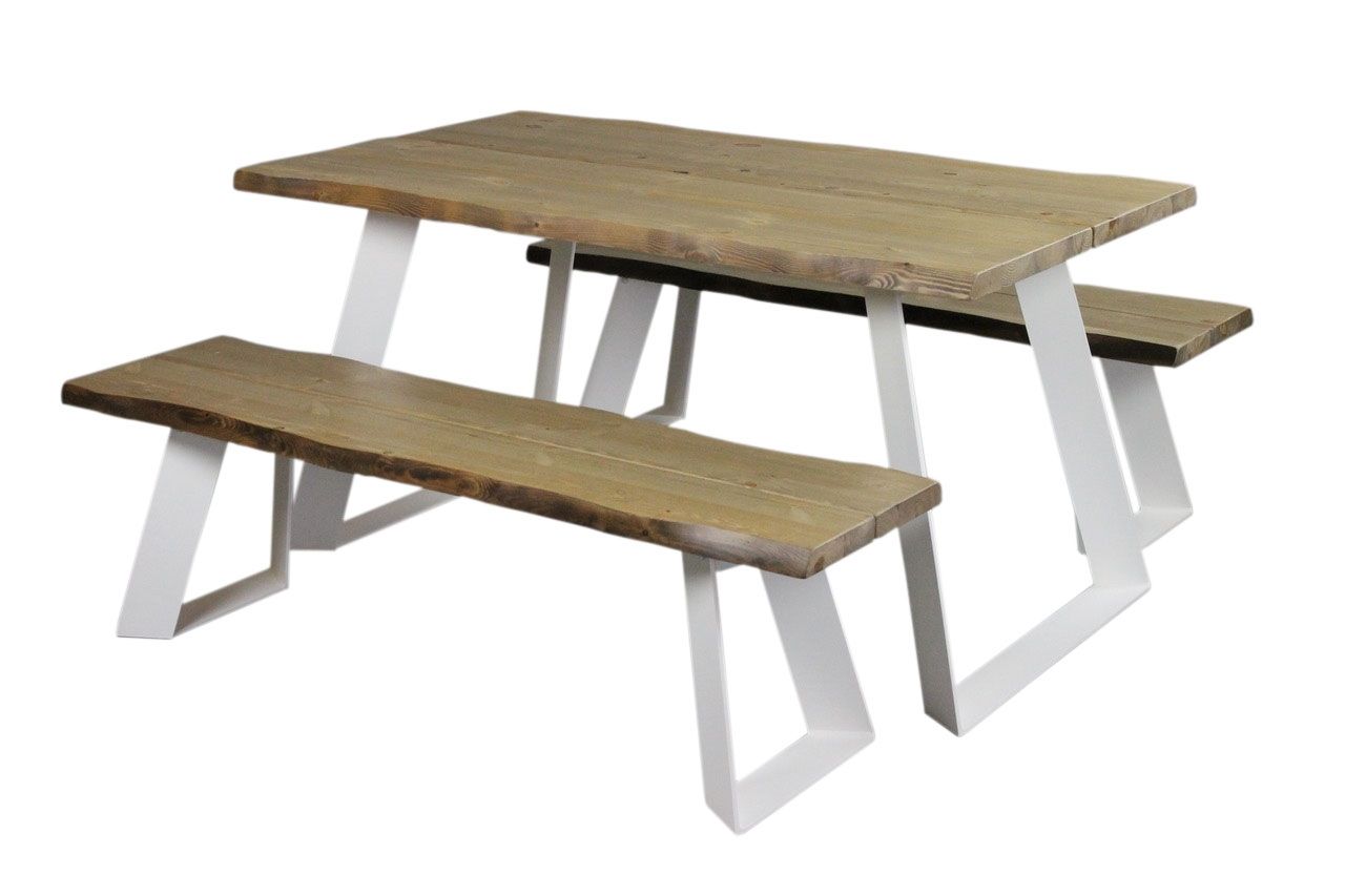 Lana lankkupöytä + 2 penkkiä, metallijaloilla