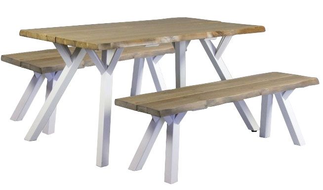 Lana lankkupöytä + 2 penkkiä, puujaloilla