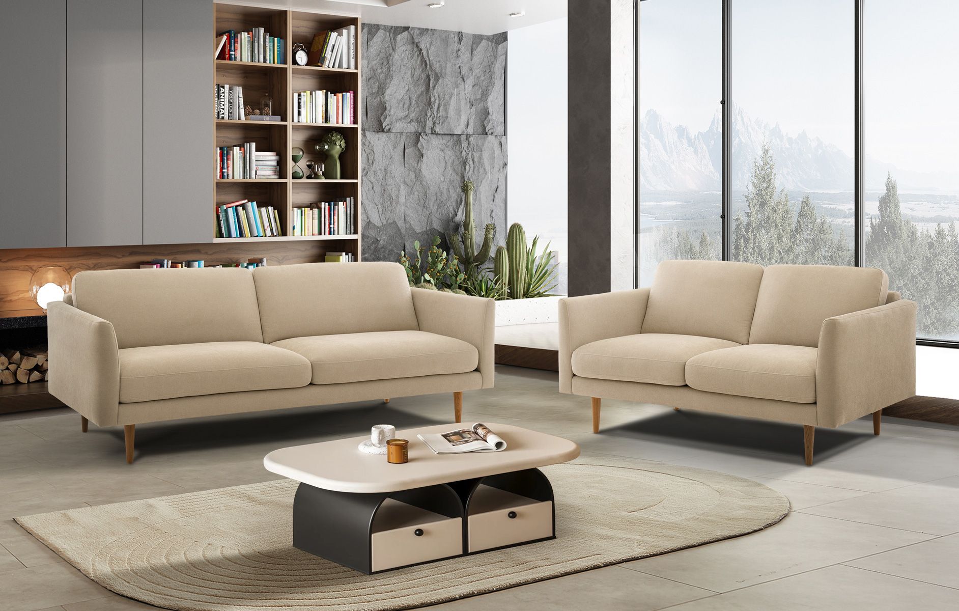 Lario beige sohvakalusto kolmenistuttavalla ja kahdenistuttavalla sohvalla