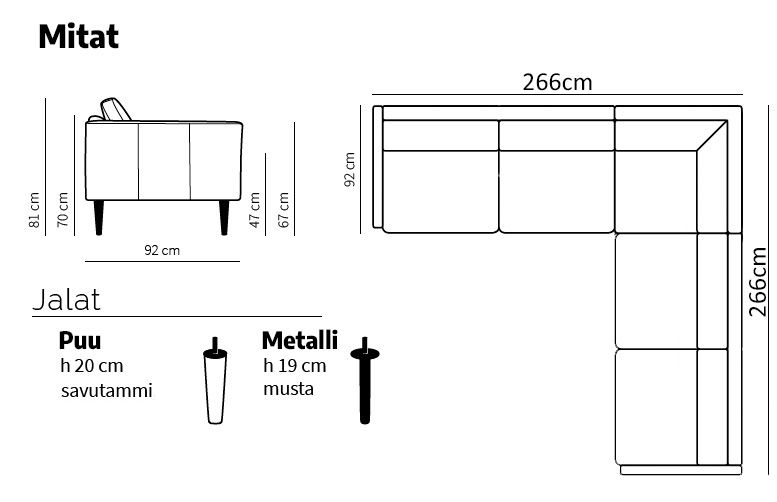 Neiser Lario kulmasohva 266x266cm, mustaa nahkaa
