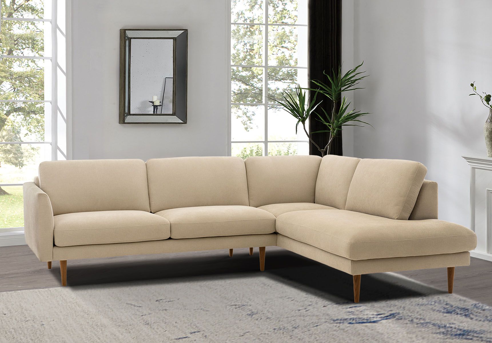 Beigen värinen avokulmasohva Neiser Lario, jossa on tammijalat