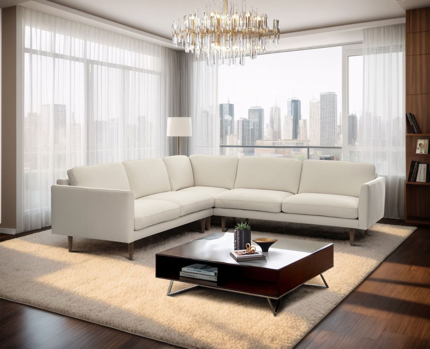 Lario nahkainen kulmasohva valkoisella nahalla