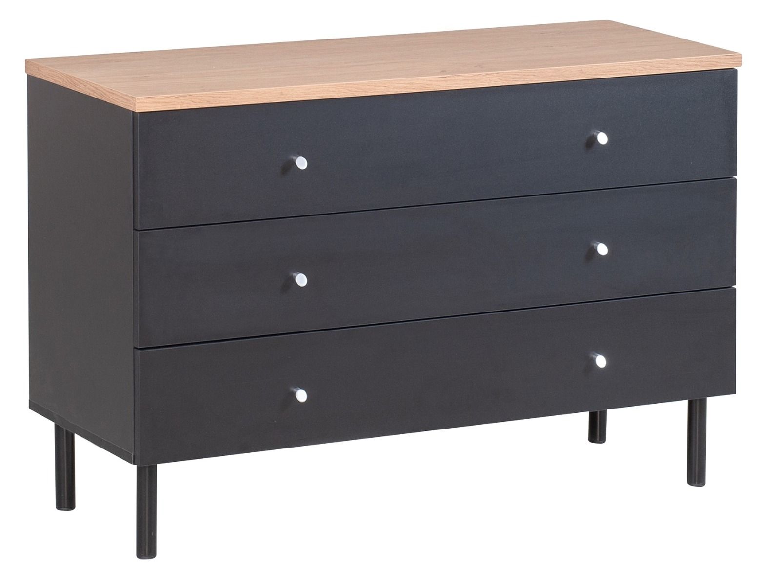 101 cm leveä laatikosto kolmella vetolaatikolla. Musta runko, tammen värinen kansi, mustat tolppajalat. Alumiinin väriset vetimet.