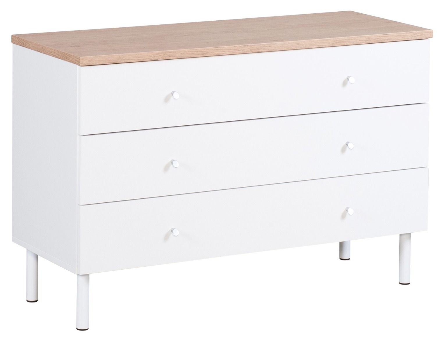 Lehto laatikosto kolmella laatikolla. Leveys 101cm. Runkoväri valkoinen, kansi tammenvärinen. Valkoiset pyöreät metallijalat 15cm. Alumiiniset vetimet.