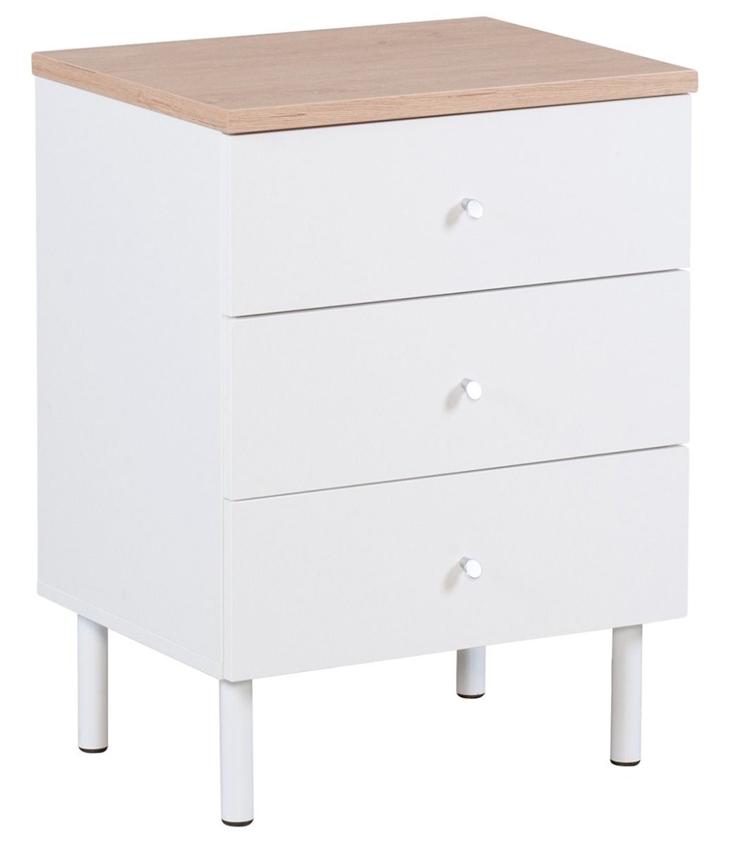 Lehto lipasto valkoisella rungolla, tammen värisellä kannella, 15cm korkeilla metallijaloilla. Kolme vetolaatikkoa, joiden vetimet alumiinia.