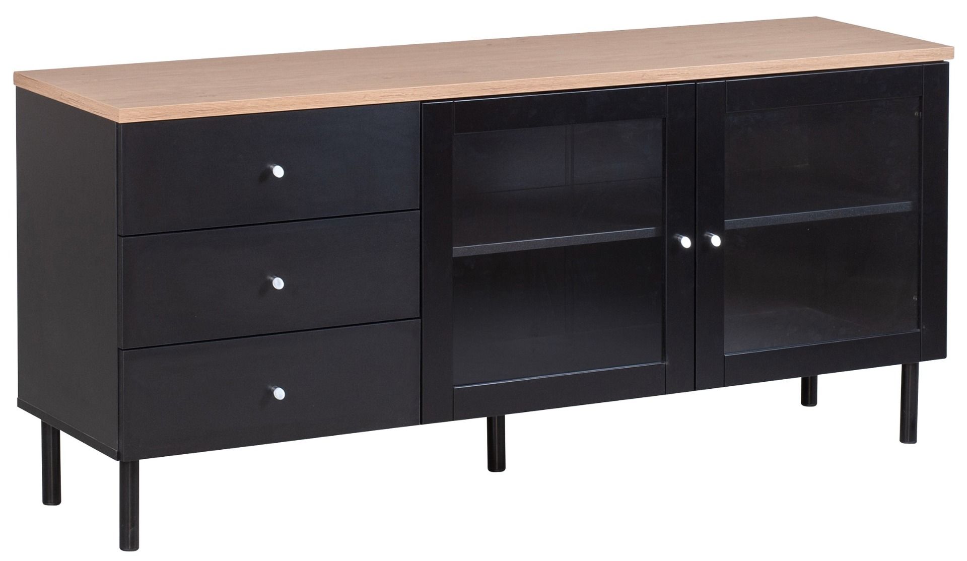 Lehto sekki mustalla rungolla ja tammen värisellä kannella. Oikeassa reunassa pariovellinen kaappi lasiovilla, vasemmalla kolme vetokaatikkoa. Tolppajalat mustat.