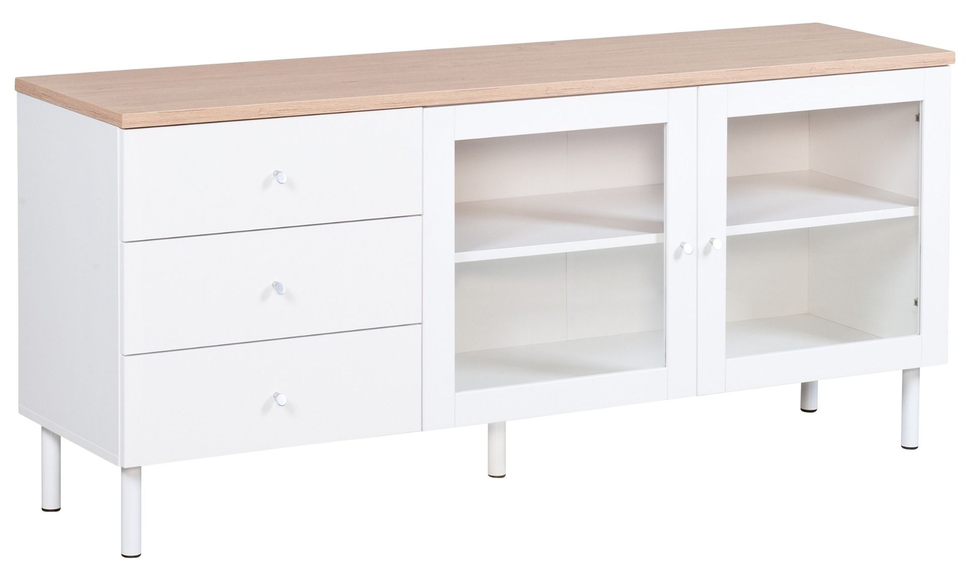 Lehto senkki valkoisella runkolla, tammen värisellä kannella. Vasemmassa reunassa kolme kapeaa vetolaatikkoa, oikealla pariovellinen kaappi, jossa kirkaat lasiovet.