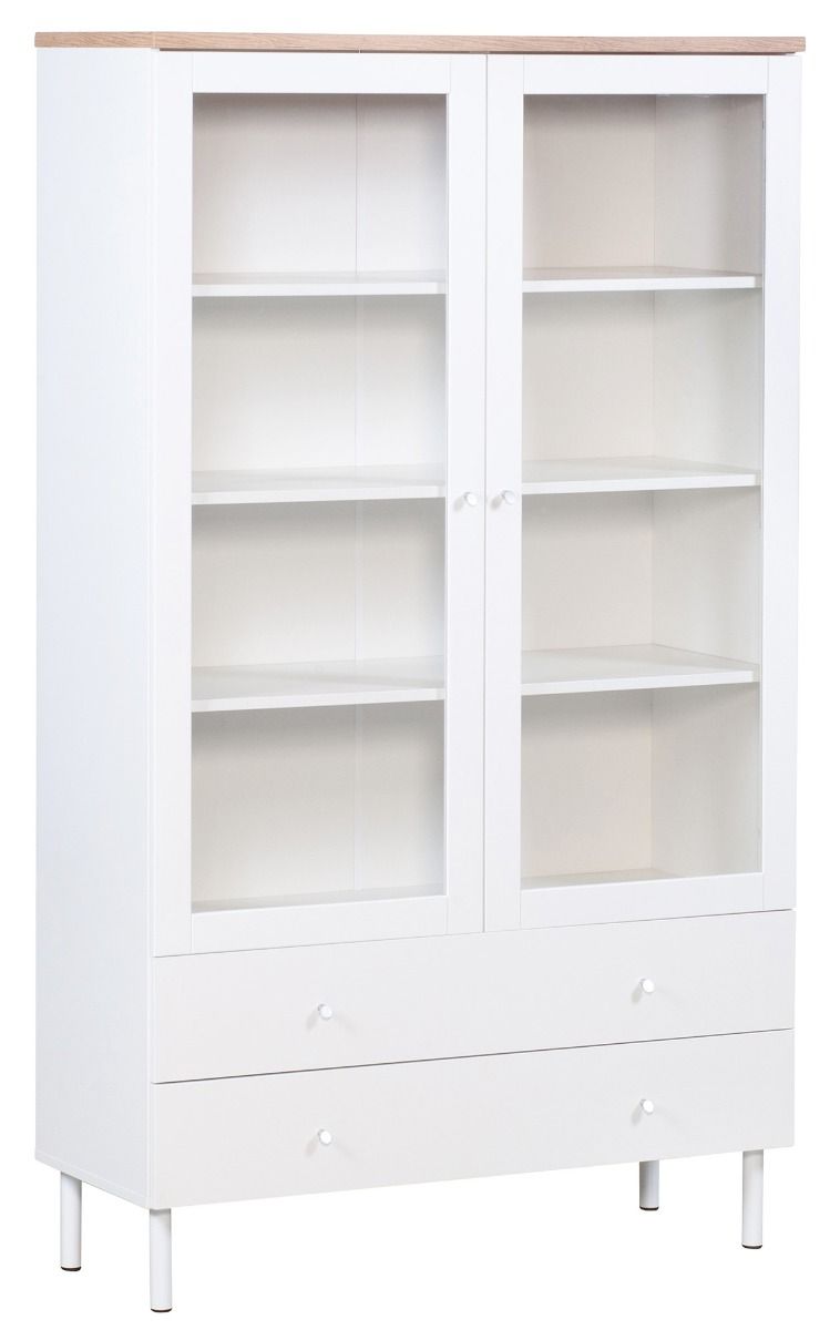 Lehto vitriini valkoisella rungolla ja tammen värisellä kannella. Korkea vitriiniosa, jossa kirkaslasiovet. Alhaalla kaksi leveää vetolaatikkoa sekä valkoiset tolppajalat.