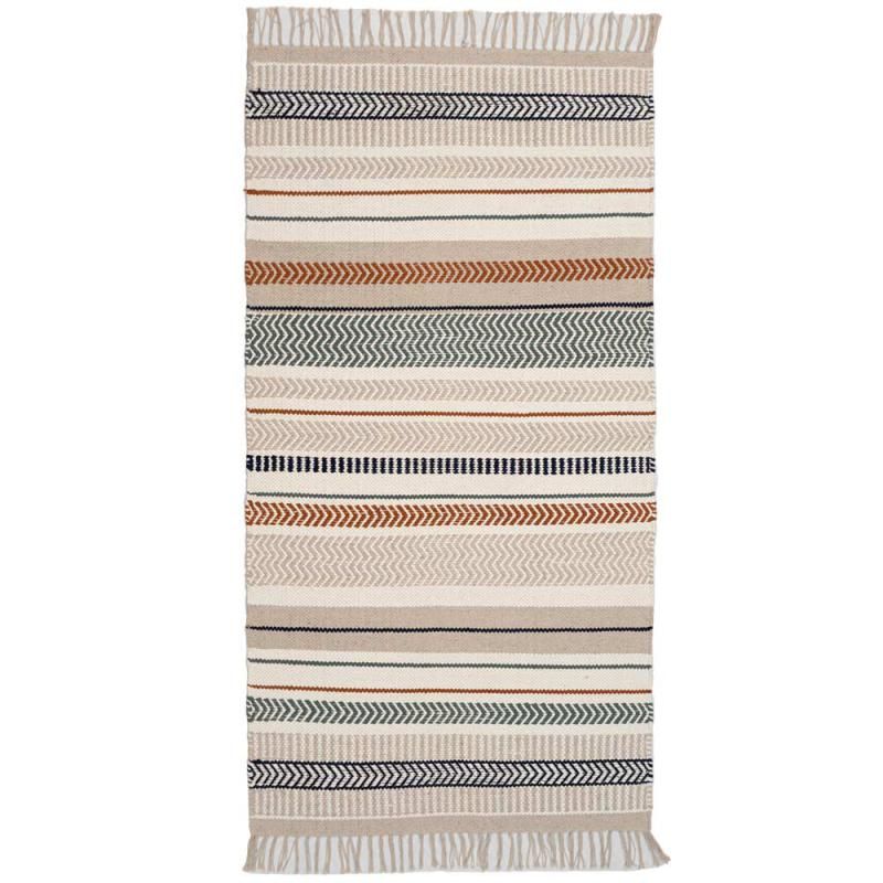 Leimu puuvillamatto, värissä pellava, paksuus 8mm. voi pitää molemmin puolin. nuoli-raitakuviollinen 