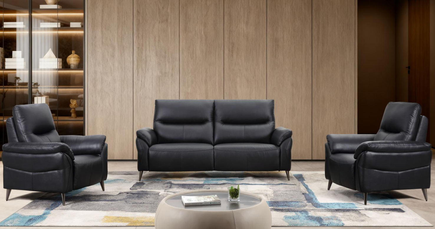 Livorno sohvakalusto 3+1+1 mustalla nahkaverhoilulla ja korkealla selällä
