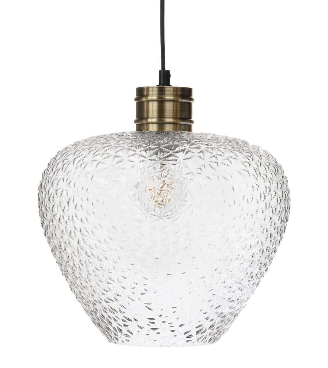 Lorens on näyttävä lasinen riippuvalaisin, jossa kirkas, rosoinen lasikupu luo kauniita heijastuksia ja elävyyttä valoon. Valaisimen antiikkimessinkinen runko tuo kokonaisuuteen lämpöä ja klassista ilmettä.