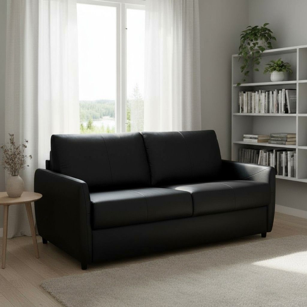 Nahka vuodesohva musta kuvattu vierashuoneessa Suomessa