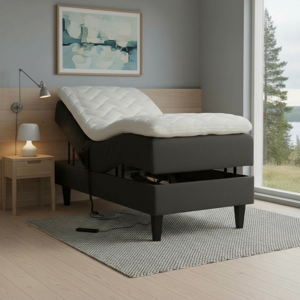 Lumo moottorisänky 80x200 kuvattuna makuuhuoneessa Suomessa