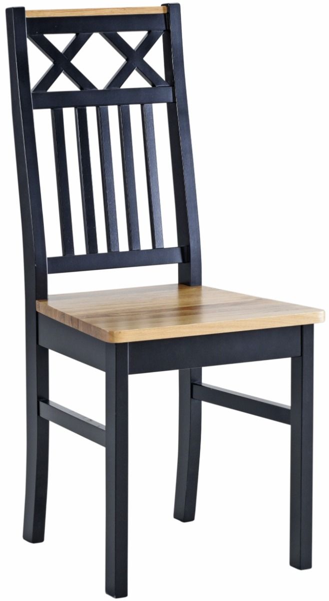 Klassinen ruokapöydän tuoli, jossa mustaksi maalattu koivurunko sekä rustiikkitamminen istuin. Tuolin selkänojassa perinteinen ristikkorakenne sekä koristeellinen rustiikkitamminen yksityiskohta.