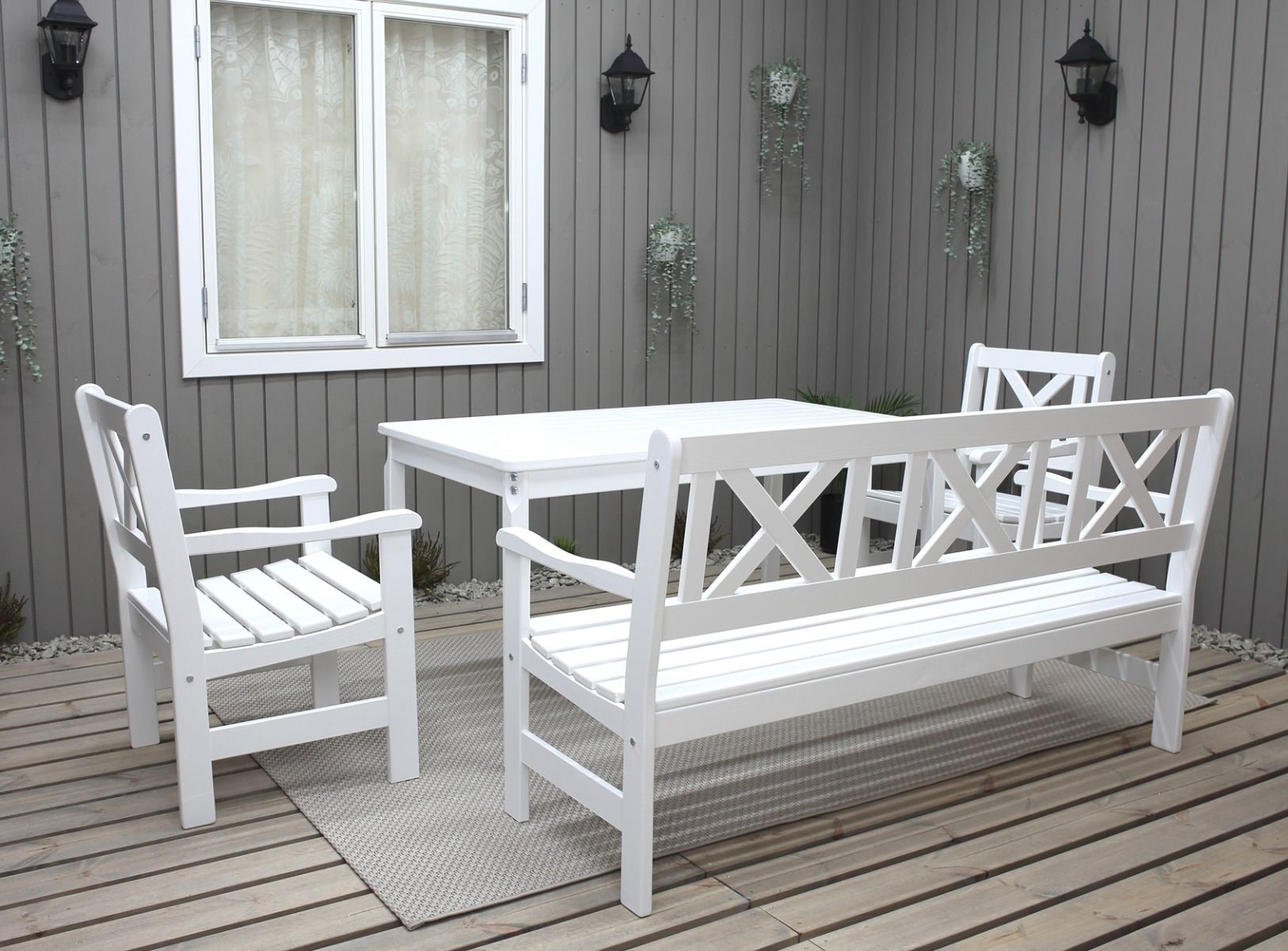 Malmö terassiryhmä pöytä+penkki+tuolit, valkoinen