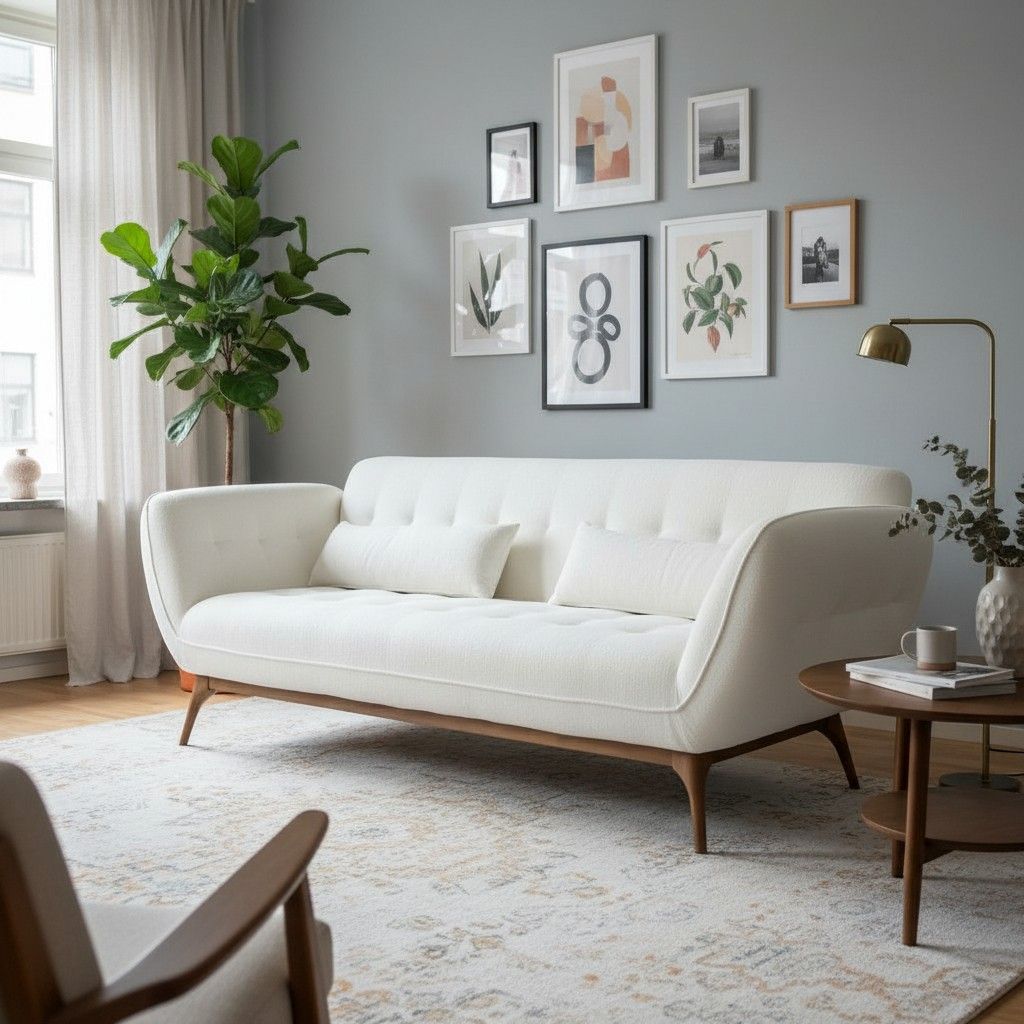 Valkoinen Marilyn sohva retro muotoiset käsinojat kuvattu olohuoneessa