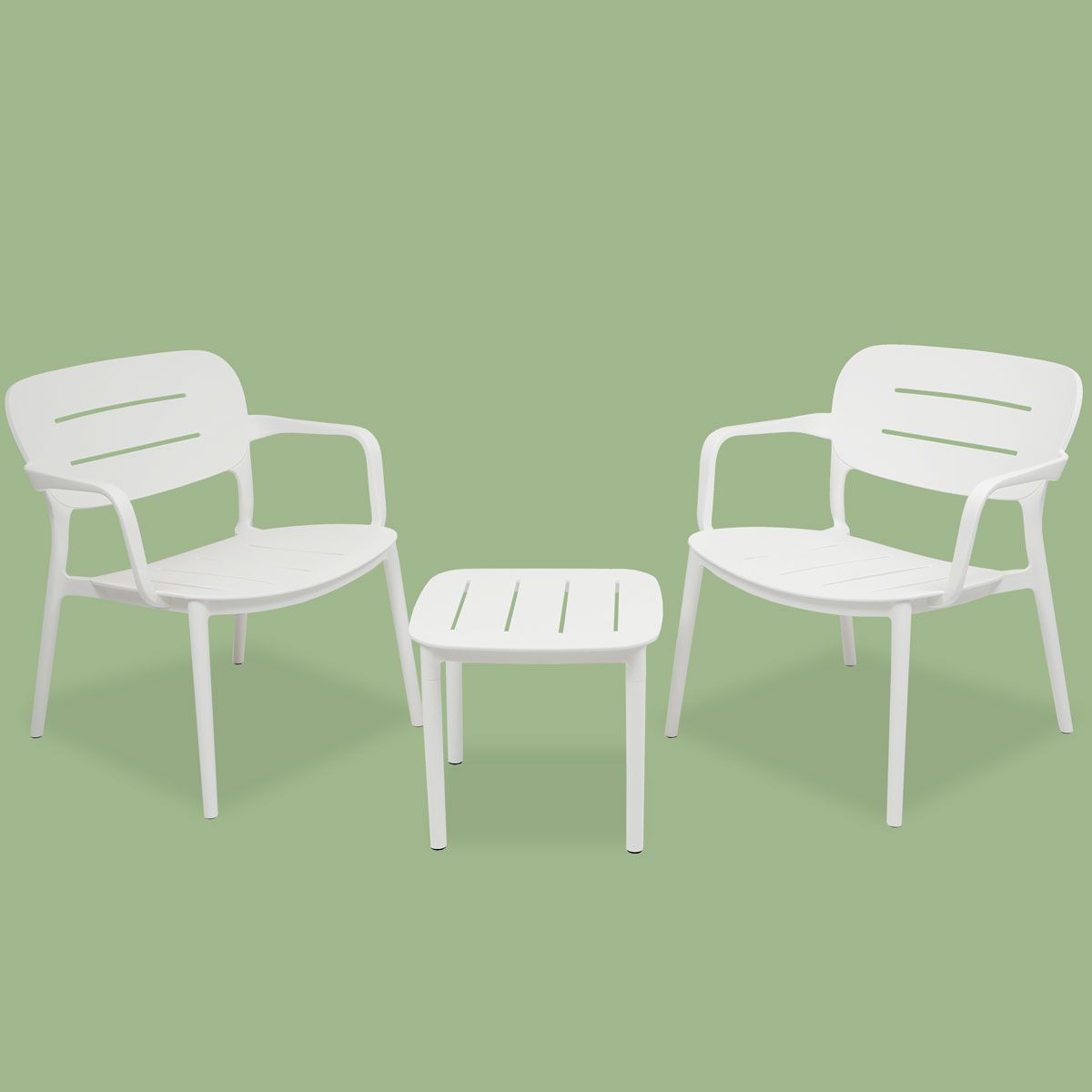 Valkoinen terassisetti kahdelle tuolit ja pöytä