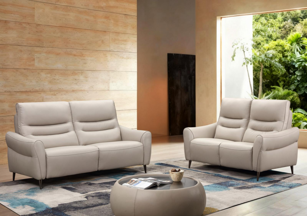 Taupen värinen nahkasohvakalusto 3+2 korkealla selkänojalla