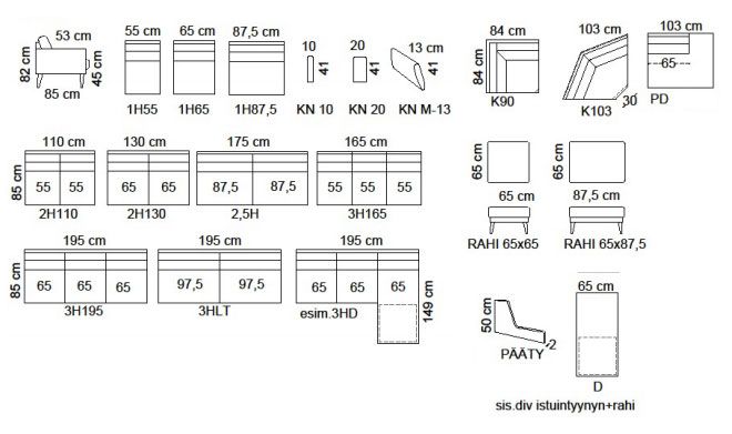 Unico Moonlight 3-istuttava sohva, eri värejä