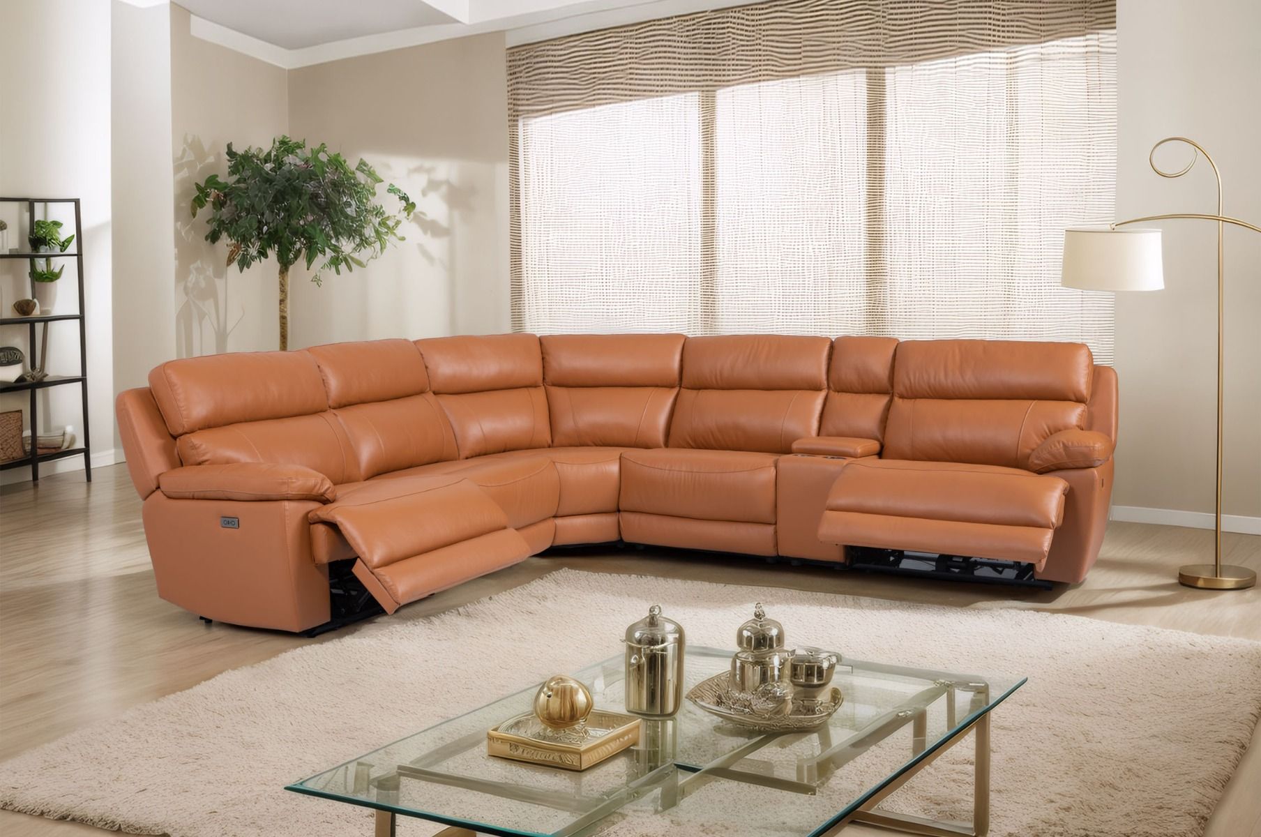 Naava mekanismikulmasohva ruskealla nahkaverhoilulla