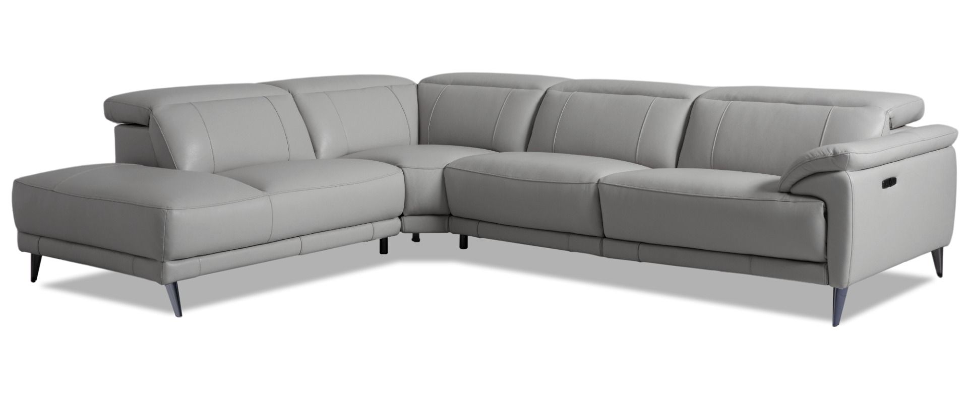 Harmaa moderni kulmasohva harmaalla nahkaverhoilulla