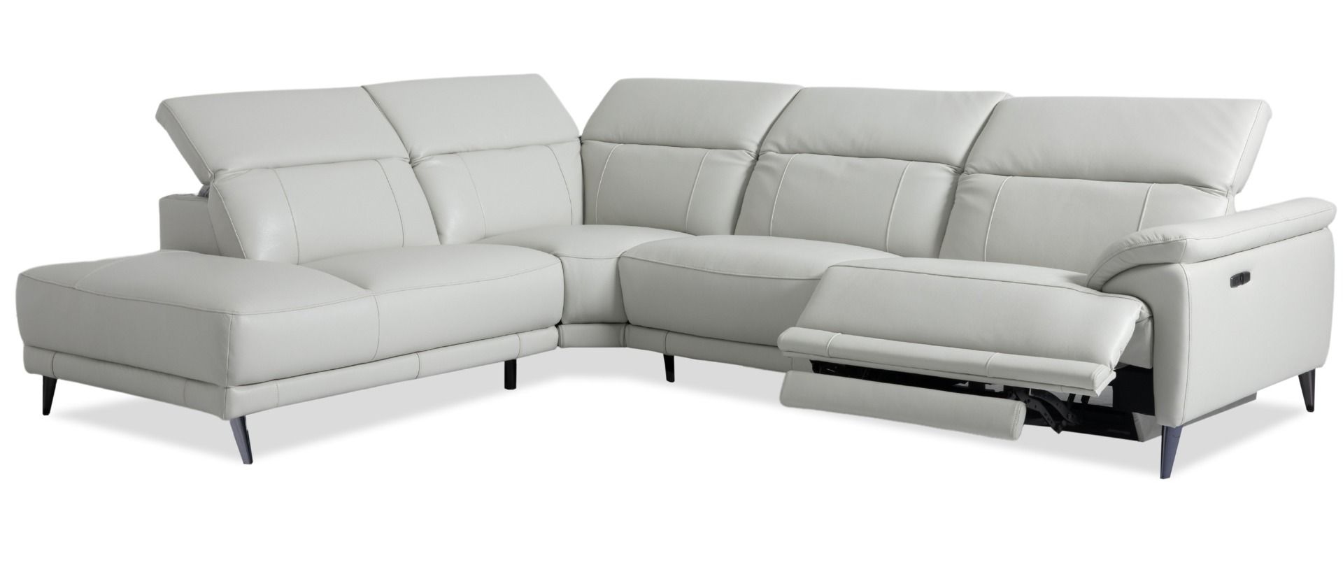 Vaaleanharmaa nahka kulmasohva modernilla muotoilulla