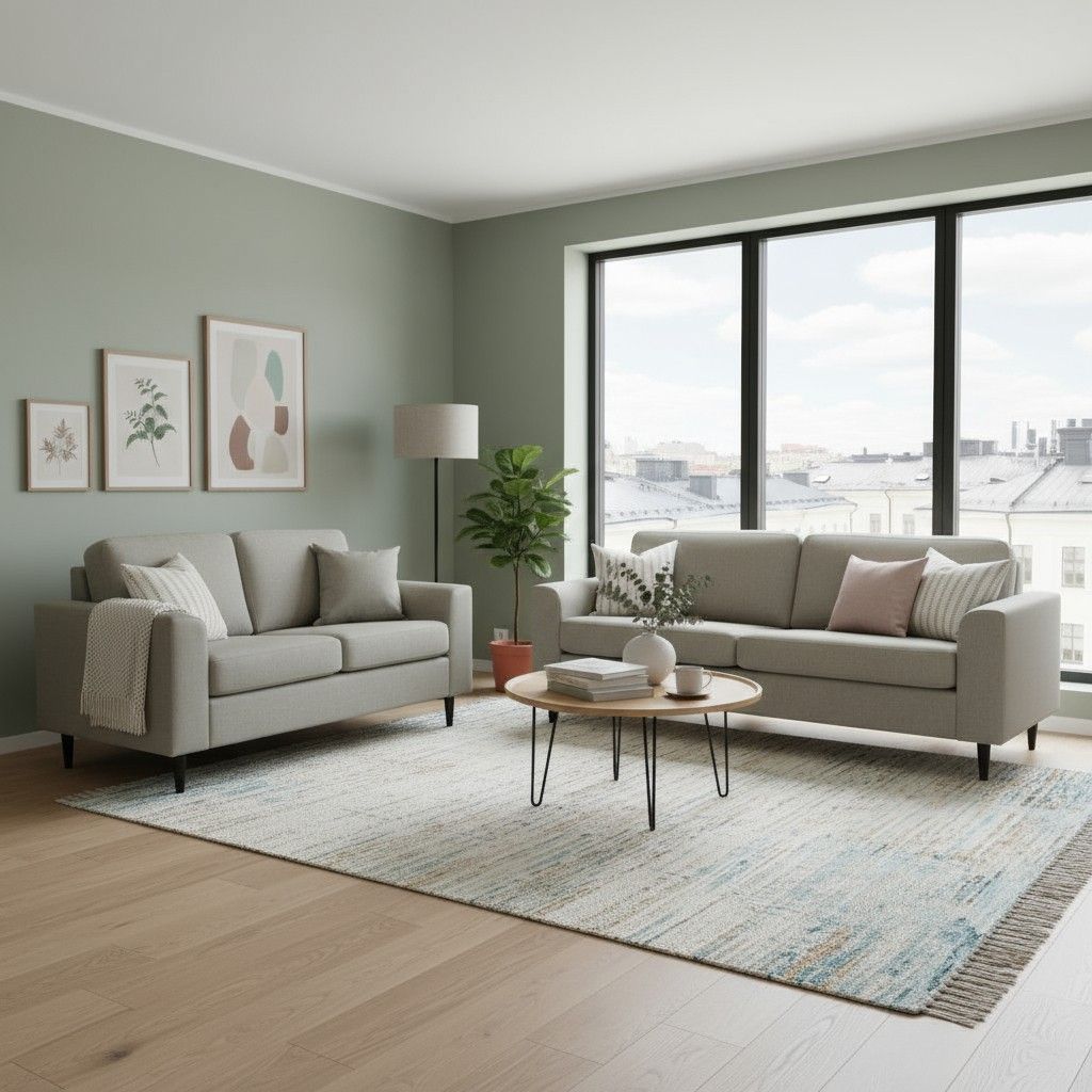 3+2 sohvakalusto vaalealla kangasverhoilulla