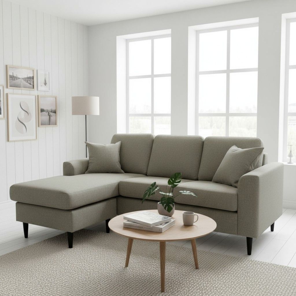 Vaalea divaanisohva Napue kuvattuna olohuoneessa