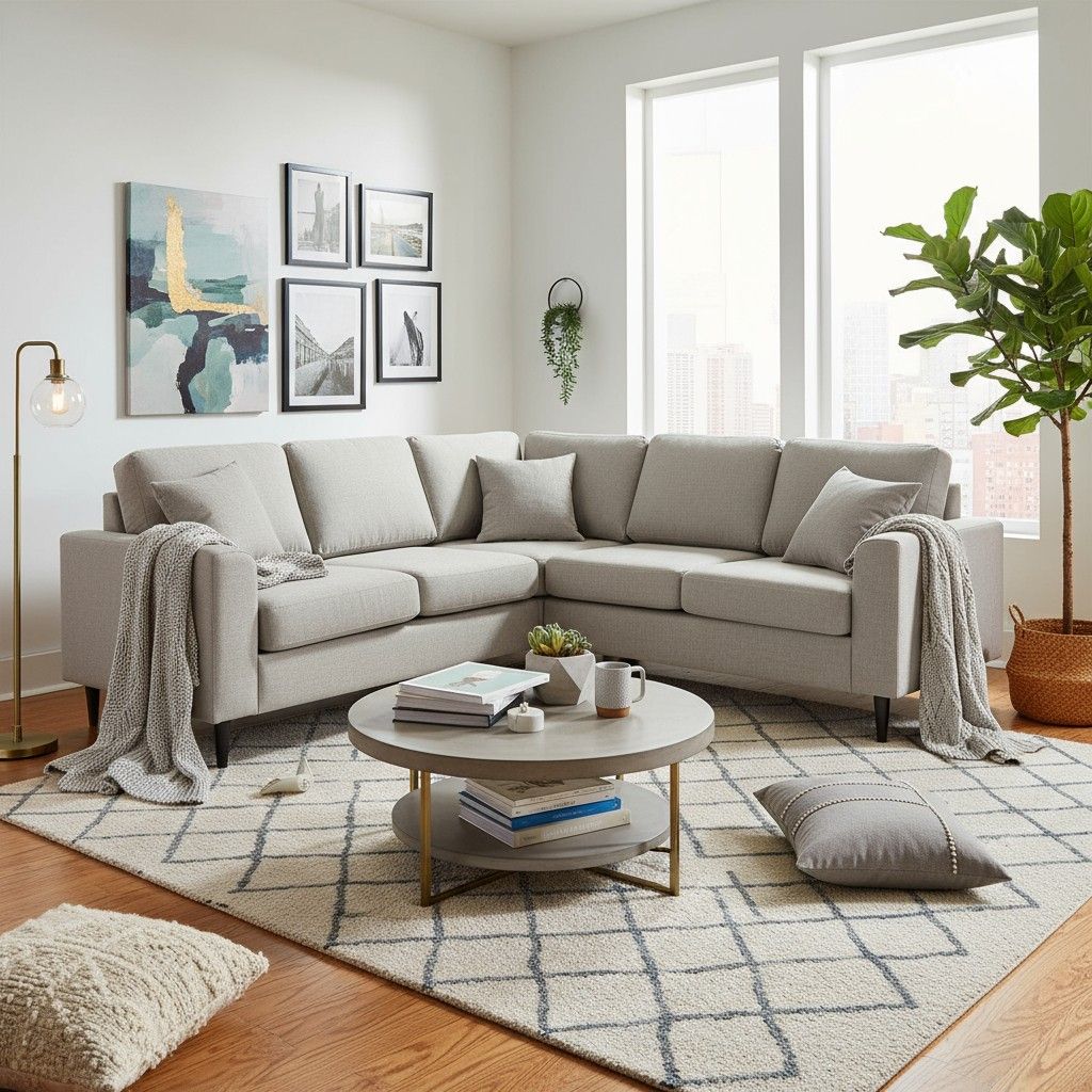 Napue kulmasohva kuvattu olohuoneessa vaalealla kangasverhoilulla