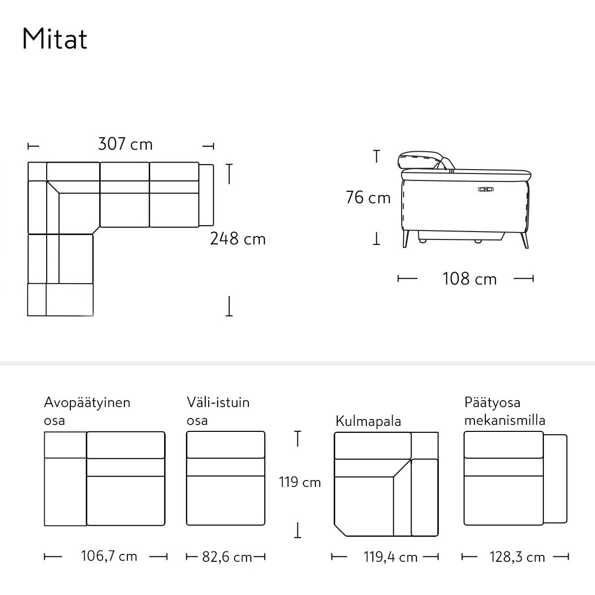 Napue Luxus kulmasohva mekanismeilla, harmaa nahka