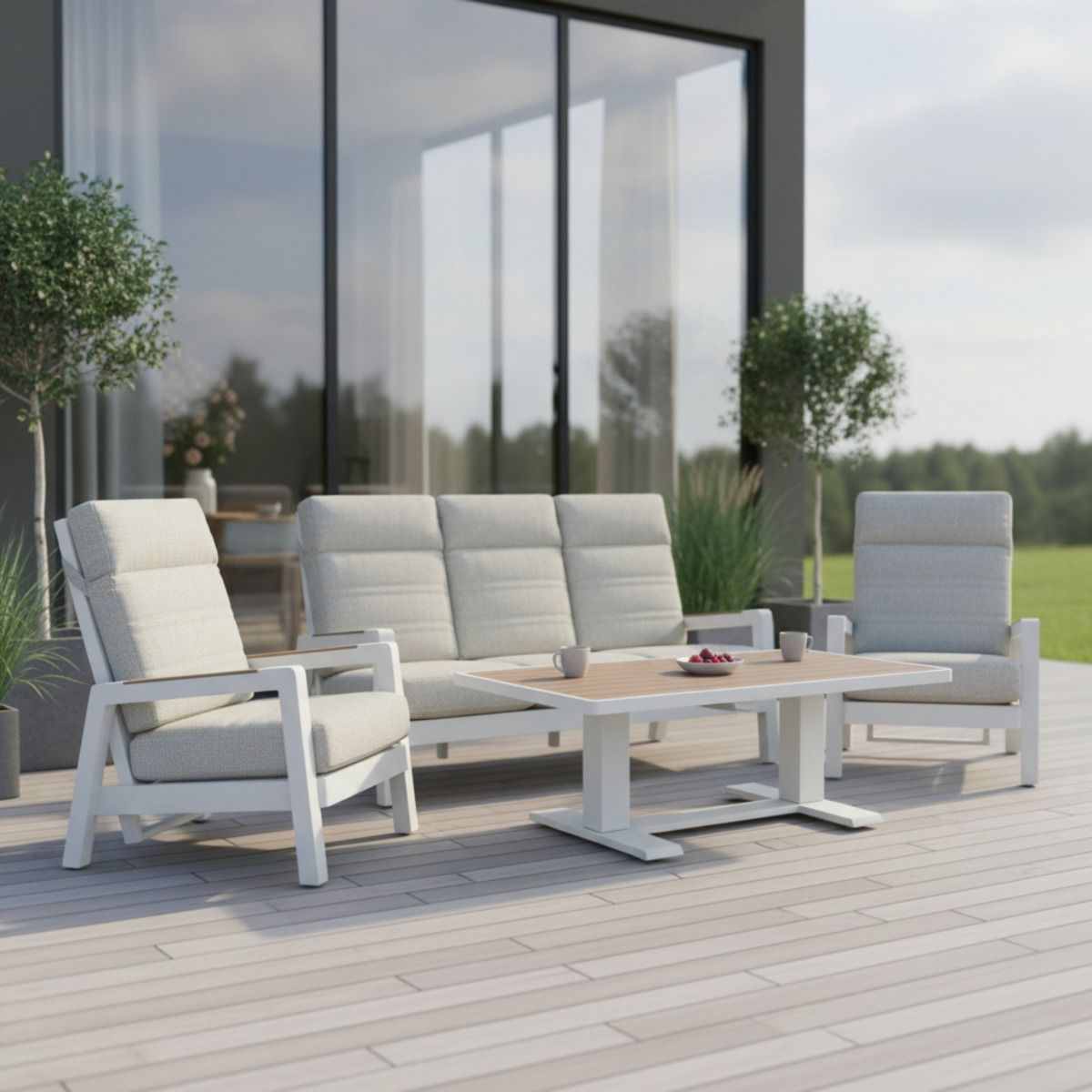 Nauvo sohvasetti ulkokäyttöön korkealla selkänojalla ja korkeussäädettävällä pöydällä