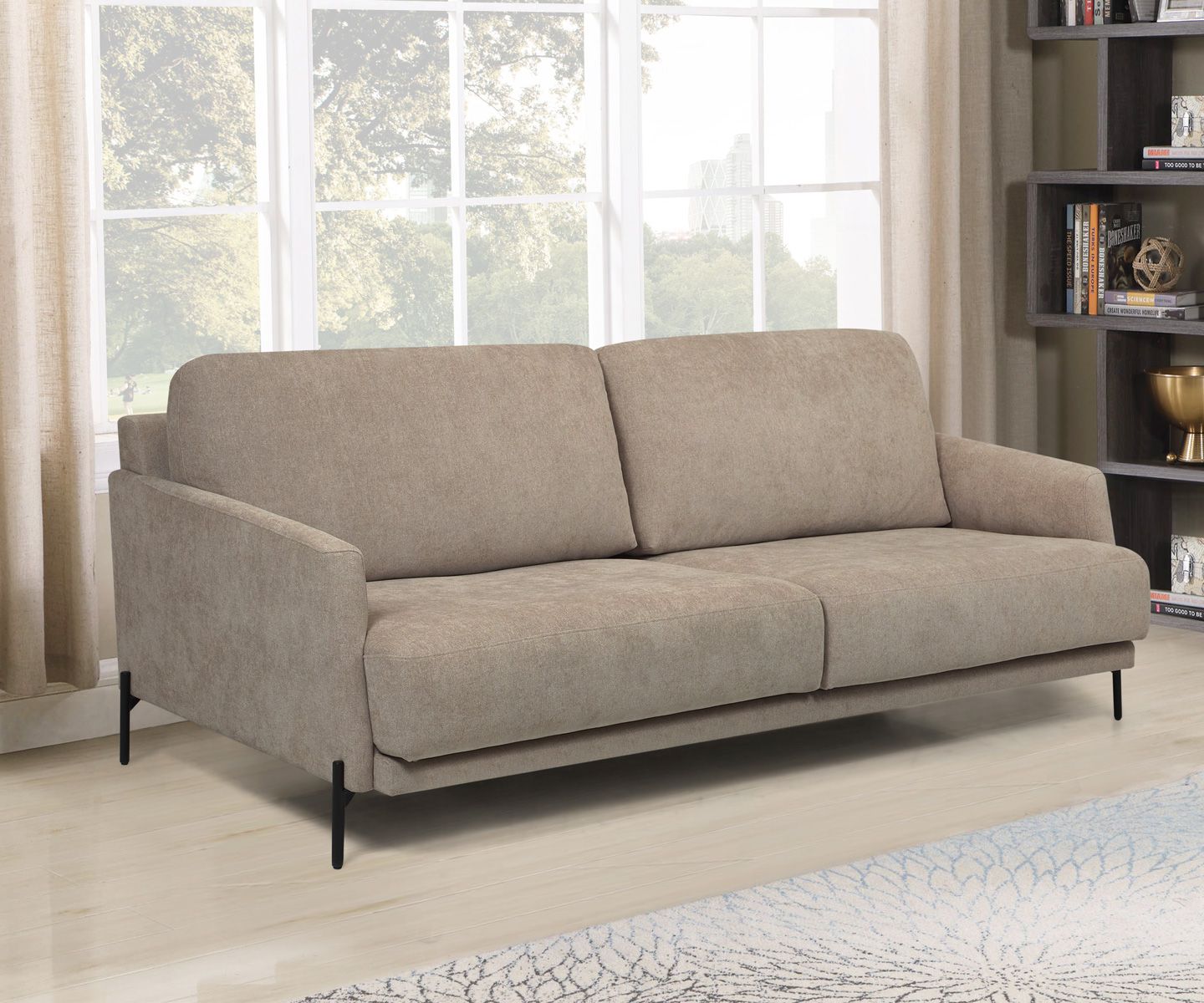 Nordic Helsinki kangassohva kolmenistuttava kuvattuna Storm Hiekka verhoilukankaalla