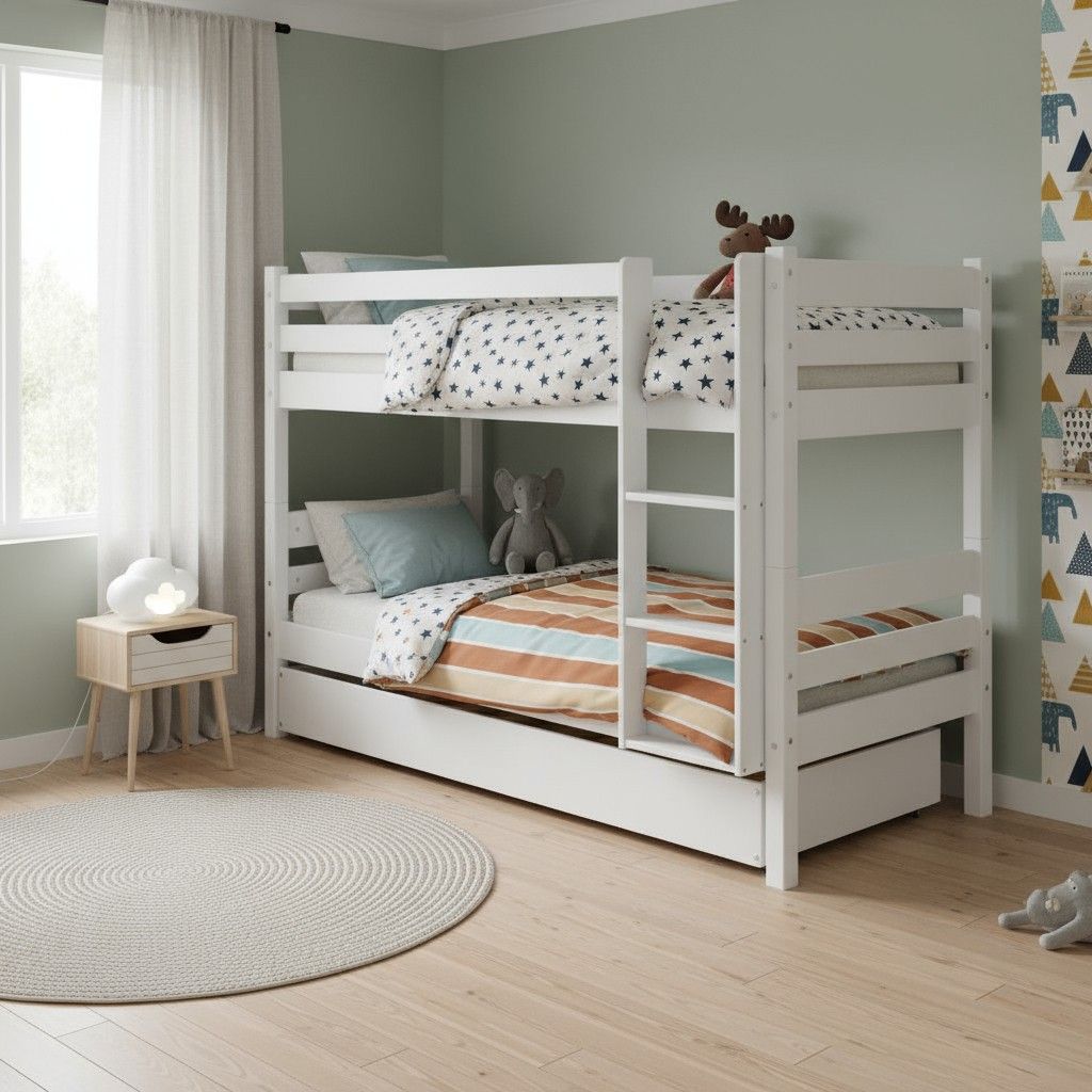 Valkoinen 80x200 kerrossänky Nukkumatti, jossa on myös sängyn aluslaatikko 