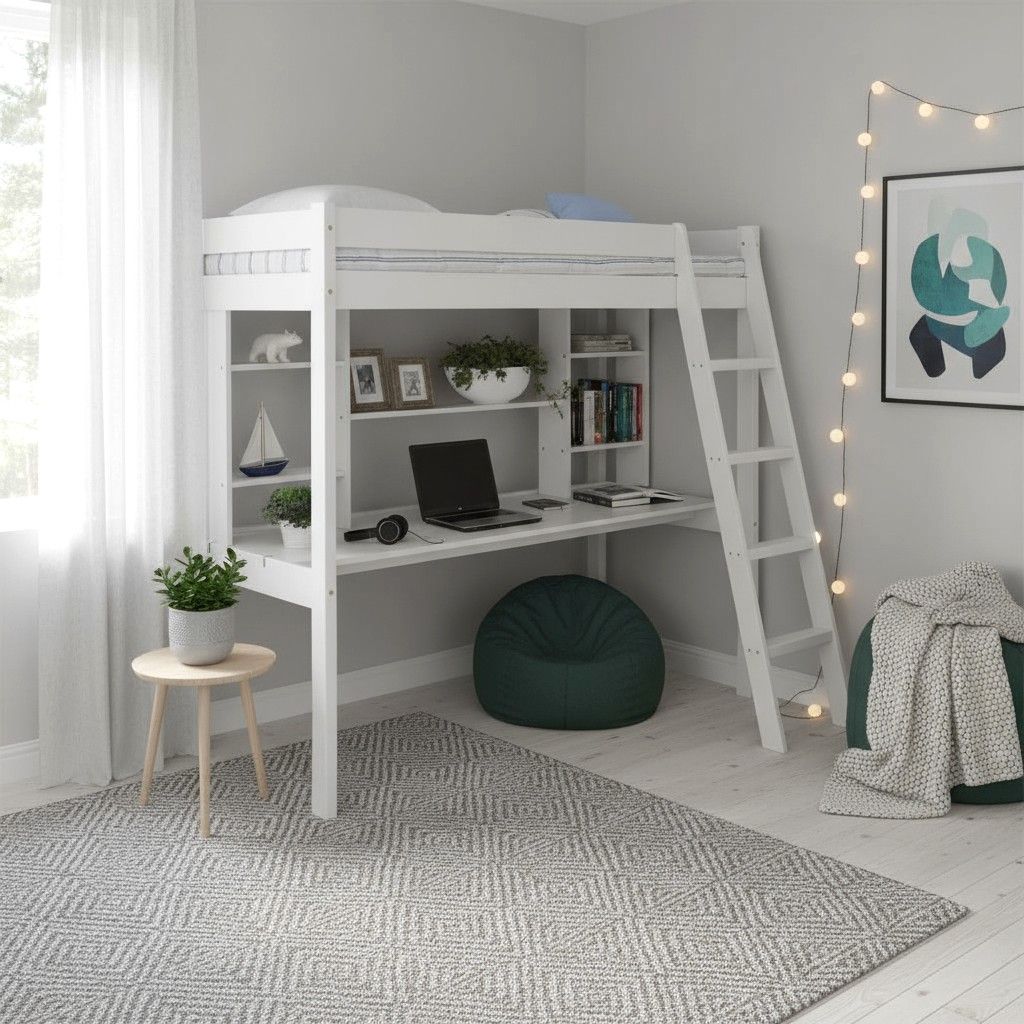 Nukkumatti korkea parvisänky huoneessa. Huoneen seinät ovat harmaat ja sänky valkoinen. Parvisängyn alla on työtaso, jossa on kannettava tietokone