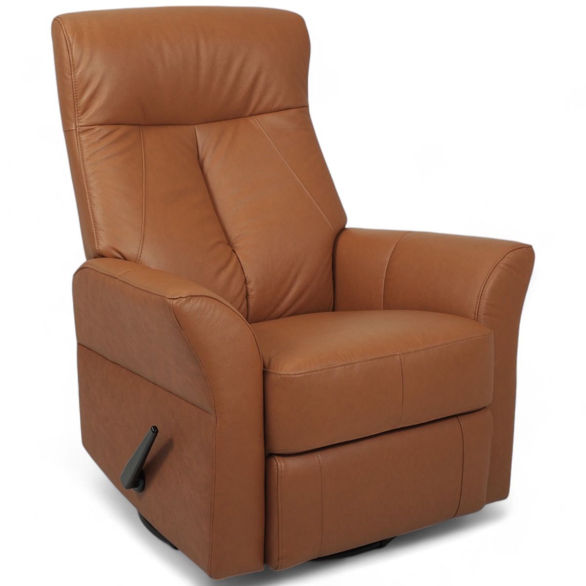 Mekanismituoli Oodi konjakin ruskealla nahkaverhoilulla valmistettu Suomessa