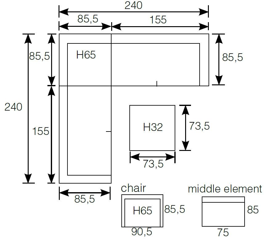 Orangebird kulmasohvasetti, eri kokoja