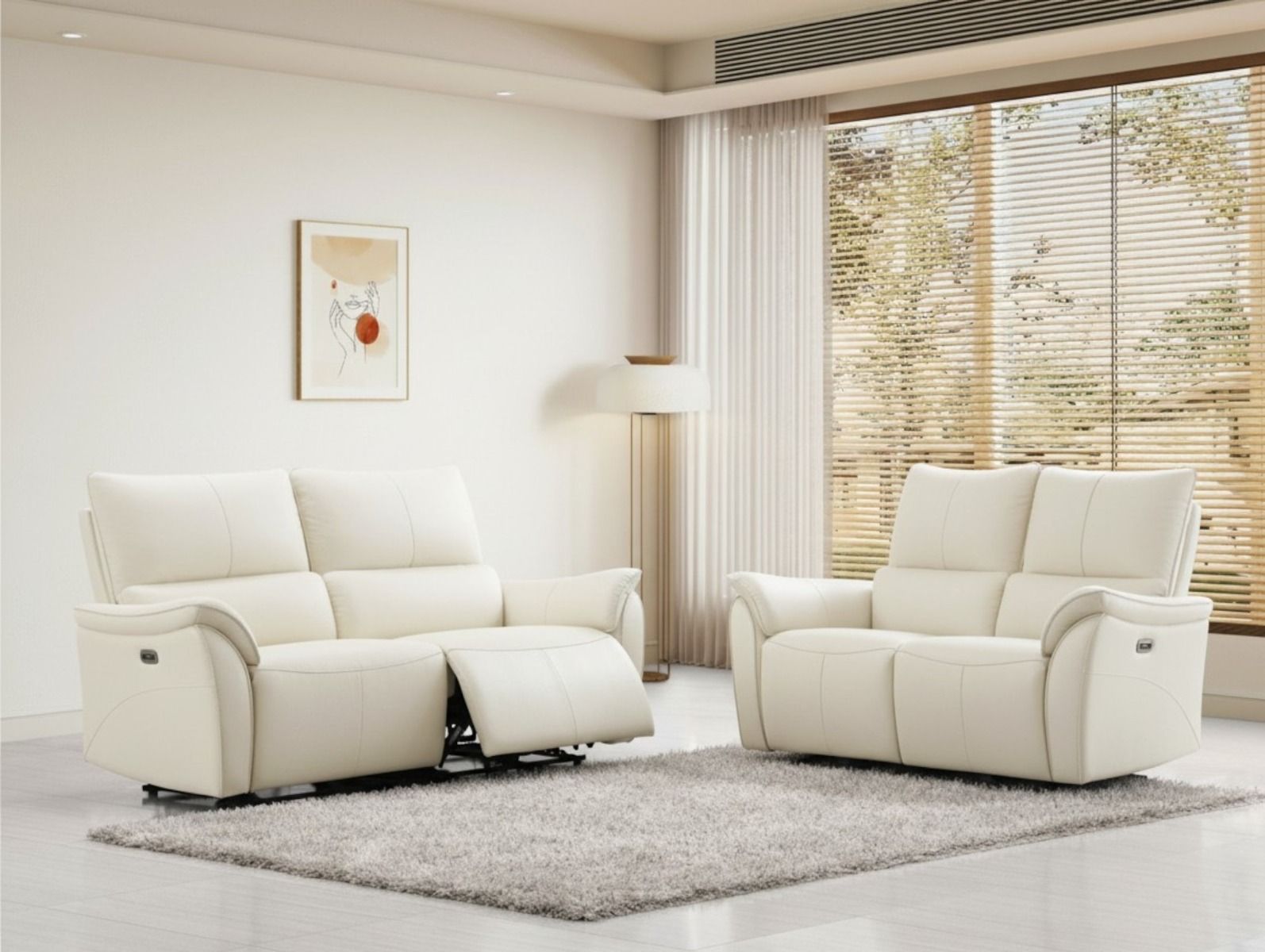 Valkoinen sohvakalusto 3+2 nahkaverhoiltu sähkömekanismeilla