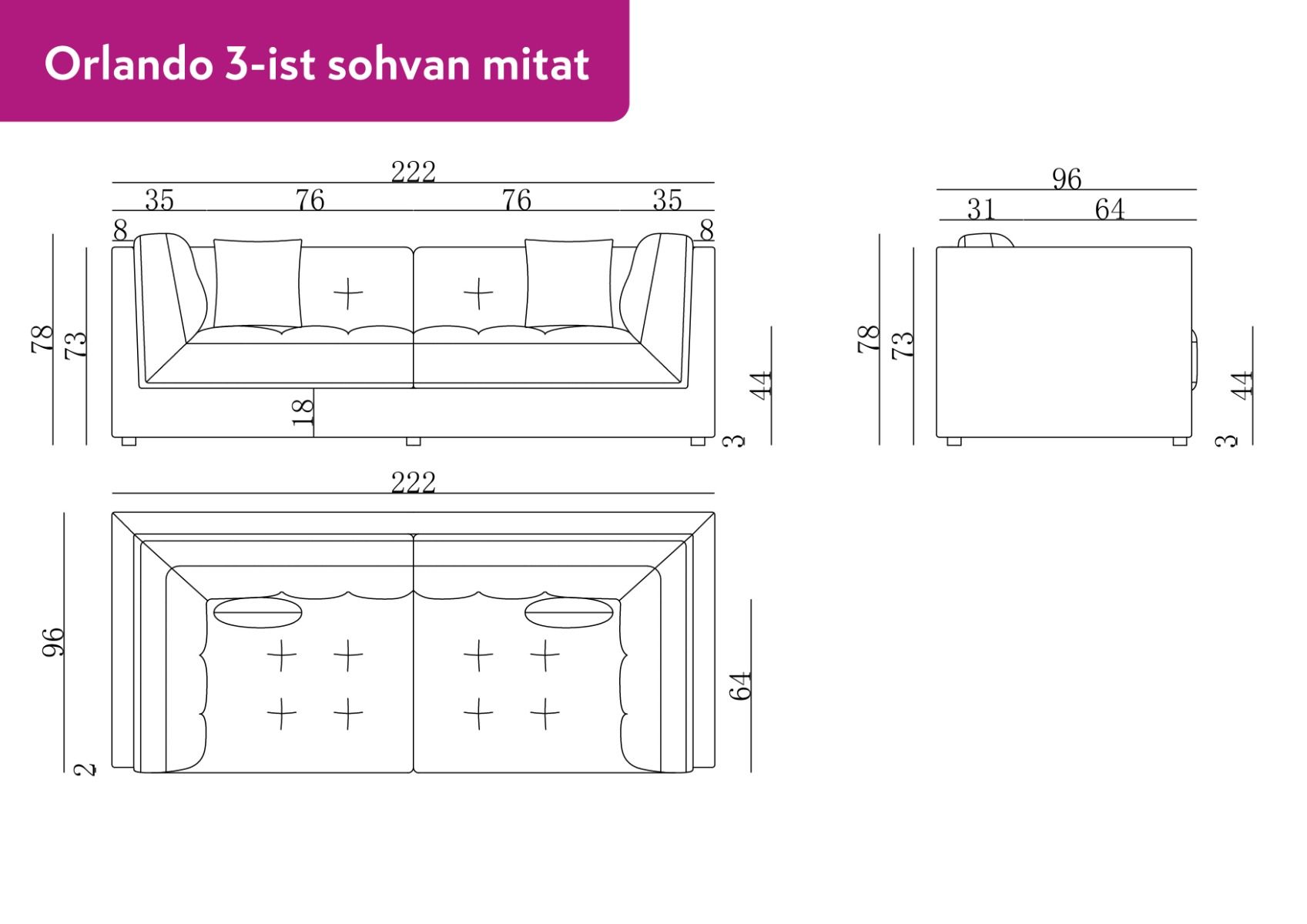 Orlando 3-ist sohva 222 cm, valkoinen