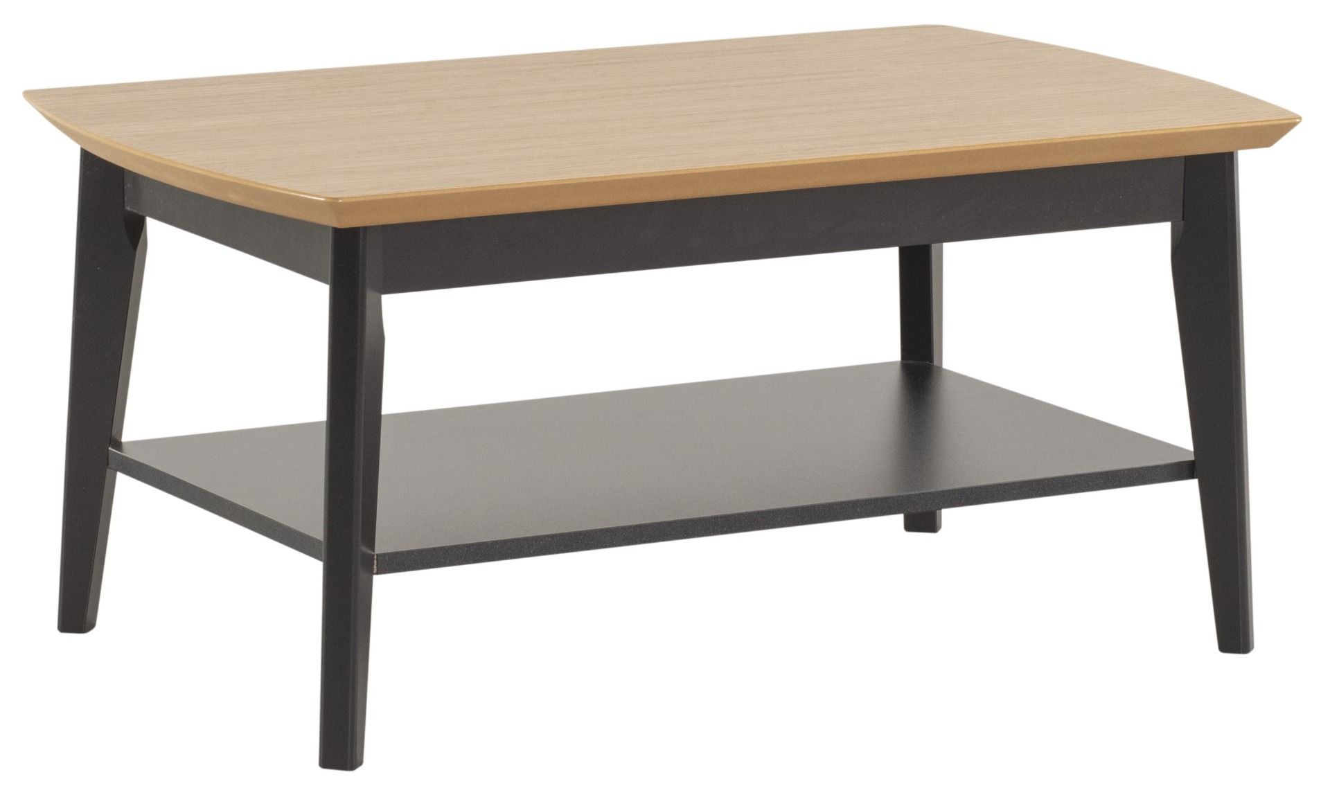 Otava sohvapöytä tammikannella ja mustilla jaloilla. Koko 60x100cm. Sohvapöydässä avoin alataso.