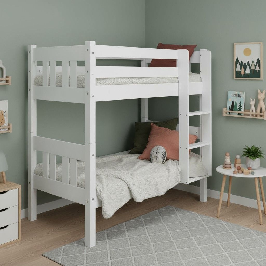 Pieni kerrossänky 70x 155 valkoisena kuvattu lastenhuoneessa